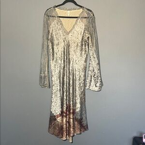 Silver Crushed satin V-Neck Long Sleeve Dress with Subtle Brown Hem